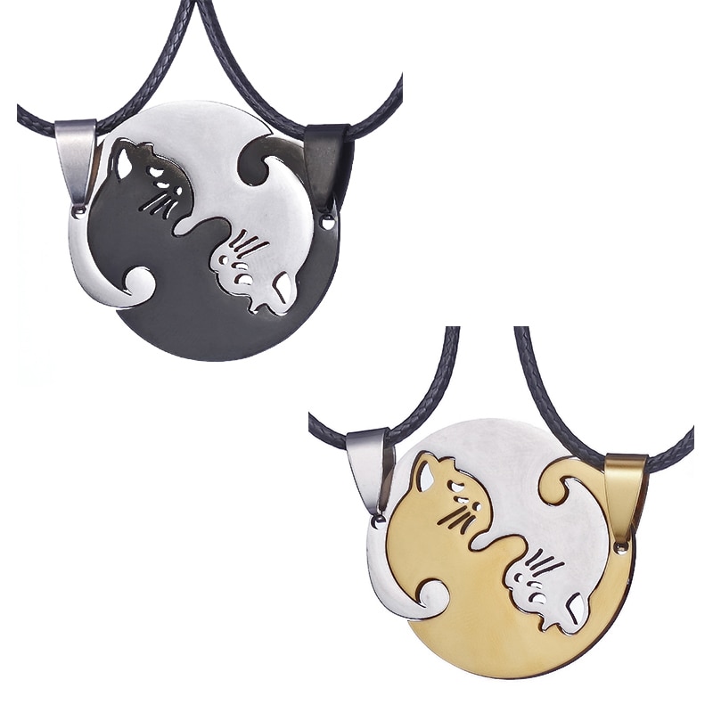 De acero inoxidable blanco negro Gato Kitty colgante rompecabezas collar a juego de la cadena para amante pareja de San Valentín