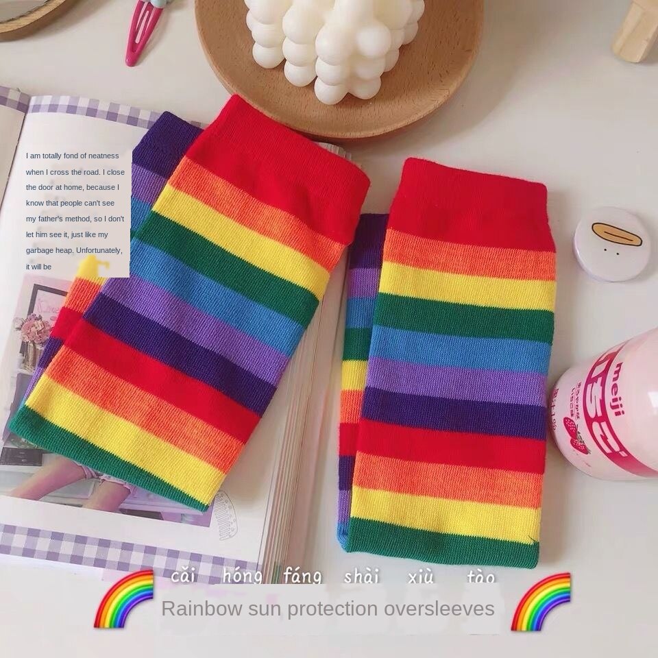 Korean Women Cute Rainbow Arm Warmers Long sleeve Sunscreen Cuffs Female Arm Sleeves UV Protection Thin Sleeves