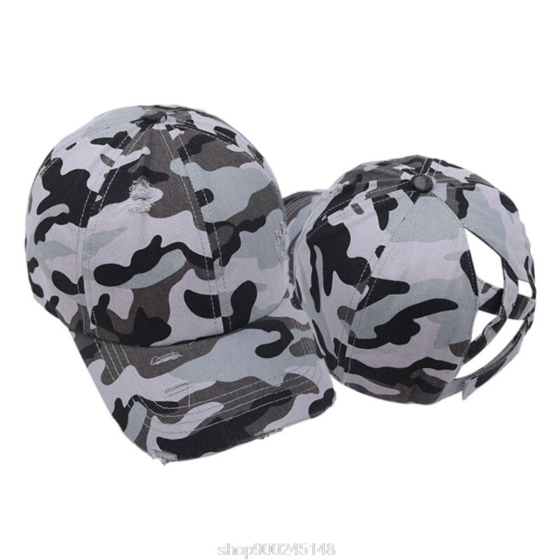 Femmes lavé casquette de Baseball crème solaire en détresse déchiré Criss croix haute queue de cheval réglable chapeau de relance N12 20 directe: Blue Camo