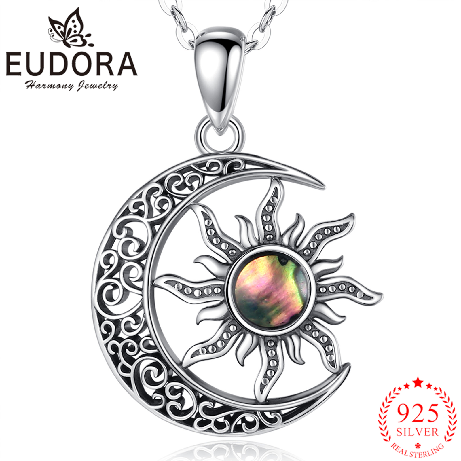 EUDORA 925 Sterling Silver Sun and Moon Warm Word Necklace Bring You Hope and Light Pendant for Women Girl