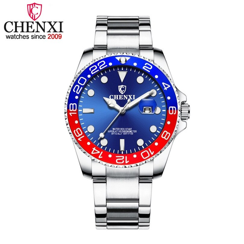 Chenxi herreure mænds forretningskvartsur vandtæt ur mandlige ure i rustfrit stål relogio masculino: Sølvblå rød