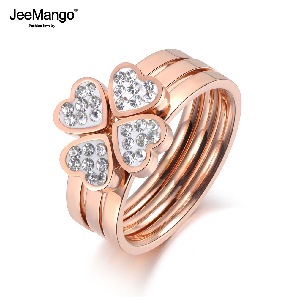 JeeMango Classic 3 In 1 Rose Gold CZ Crystal Love Heart Flower Ring Jewelry Stainless Steel Wedding Ring For Women Girls JR19074