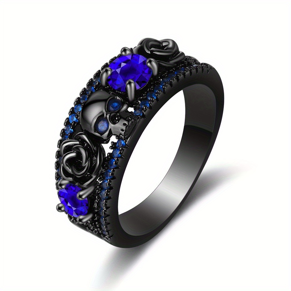 Punky Style Ring Horror Skull & Rose Paved Shining Zirconia Suitable for Men and Women Rings: 8 / Blue