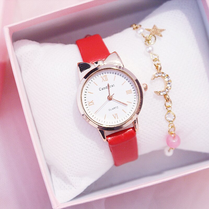 Casual Vrouwen Horloges Leuke Kat Oor Lady Armband Horloge Mode Lederen Band Quartz Horloge Klok Relogio Feminino: Red
