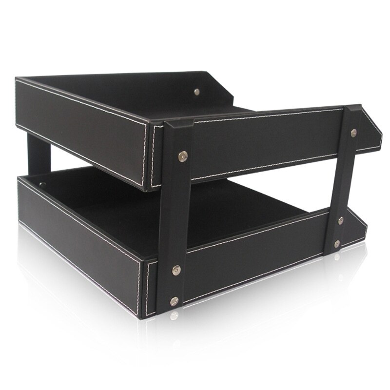A4 Document File Organizer Tray Double Layers Desk PU Leather Paper Holder Magazine Rack Storage Holder for Home School Office S