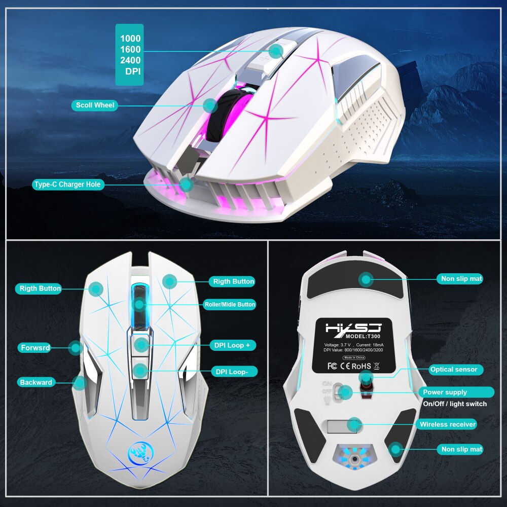 HXSJ T300 2.4G Luminous Wireless Mouse Built-in 600mAh Battery Rechargeable 2400DPI Adjustable Game Office Suitable