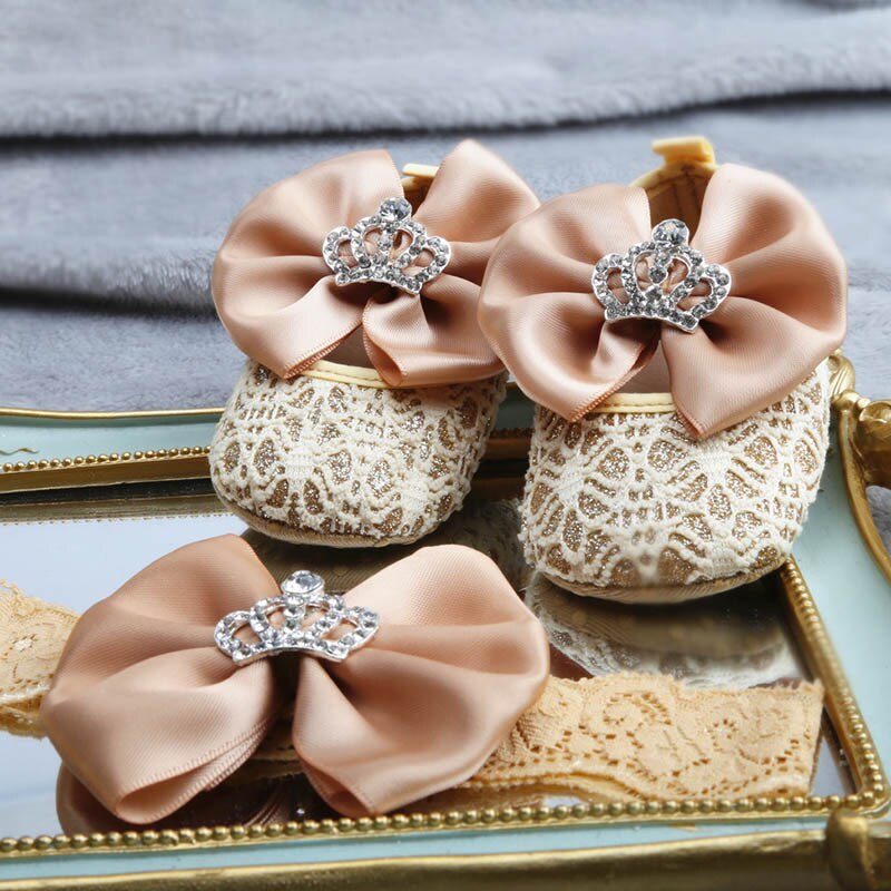 Poppende baby peuterschoenen gouden strik diamant kroon katoenen zachte onderkant elastische band gesloten babymeisje peuterschoenen hoofddeksel