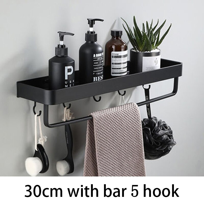 Badkamer Planken Bad Douche Muur Aluminium Zwart Badkamer Plank Gemonteerd Keuken Opslag Houder 30-60Cm: 30cm with bar 5 hook