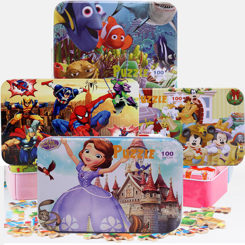 100 pcs/set Holz Puzzle Cartoon Spielzeug 3D Holz Puzzle Eisen Box Paket Jigsaw Puzzle für Kind Frühen Bildungs montessori Spielzeug