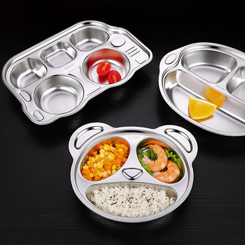 Children's Plate Cute Bus Bear Stainless Steel Grid Plate Kids Breakfast Dinner Dinnerware Baby Food Feeding Dishes Tray