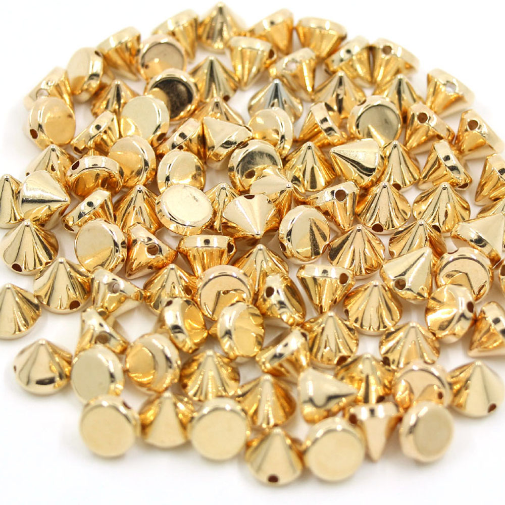 Picos y tachuelas de plástico cónico de 8/10MM, 2 agujeros, para coser, para tela, plata, oro, negro, CCB, remaches de cuero, artesanías Punk para bolsas
