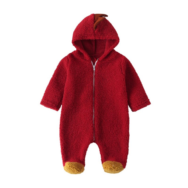 Herfst Winter Pasgeboren Baby Dikke Coral Fleece Footies Dinosaurus Lange Mouwen Hooded Jumpsuit Meisjes Jongens Warme Klim Kleding: Rood / 80