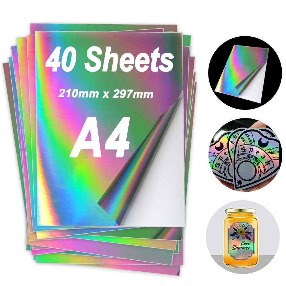 10/20/30/40/50/100 Sheets Holographic A4 Pirnting Paper Printable Vinyl Sticker Paper Adhesive Self-copying Paper Waterproof: 40 Sheets A