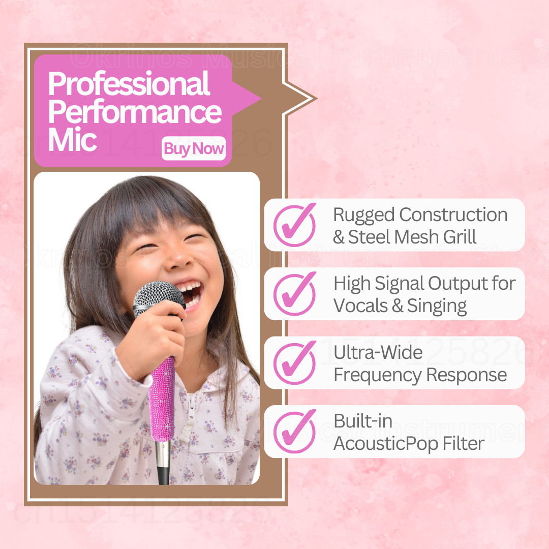 Micrófono de karaoke Bling Pink: micrófono vocal dinámico con cable XLR, cuerpo de metal, mango brillante para cantar, fiestas