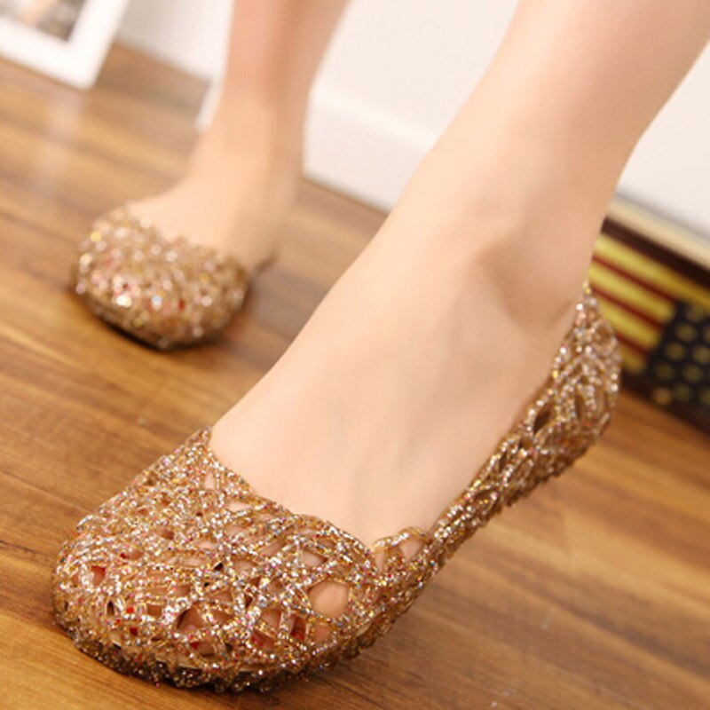 Chaussures de gelée claires femmes sandales de gelée d'été chaussures en plastique femme maille plat évider fille Sandalias Sapatos: Gold / 6