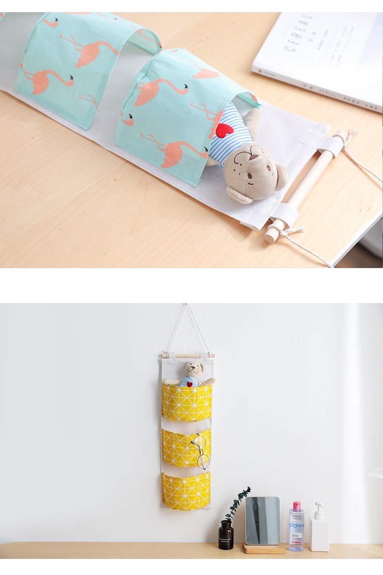 Organizador de pared de lino y algodón con 3 bolsillos, bolsas de almacenamiento, bolsa para la puerta del dormitorio, bolsillo de almacenamiento para el hogar, bolsa colgante de decoración
