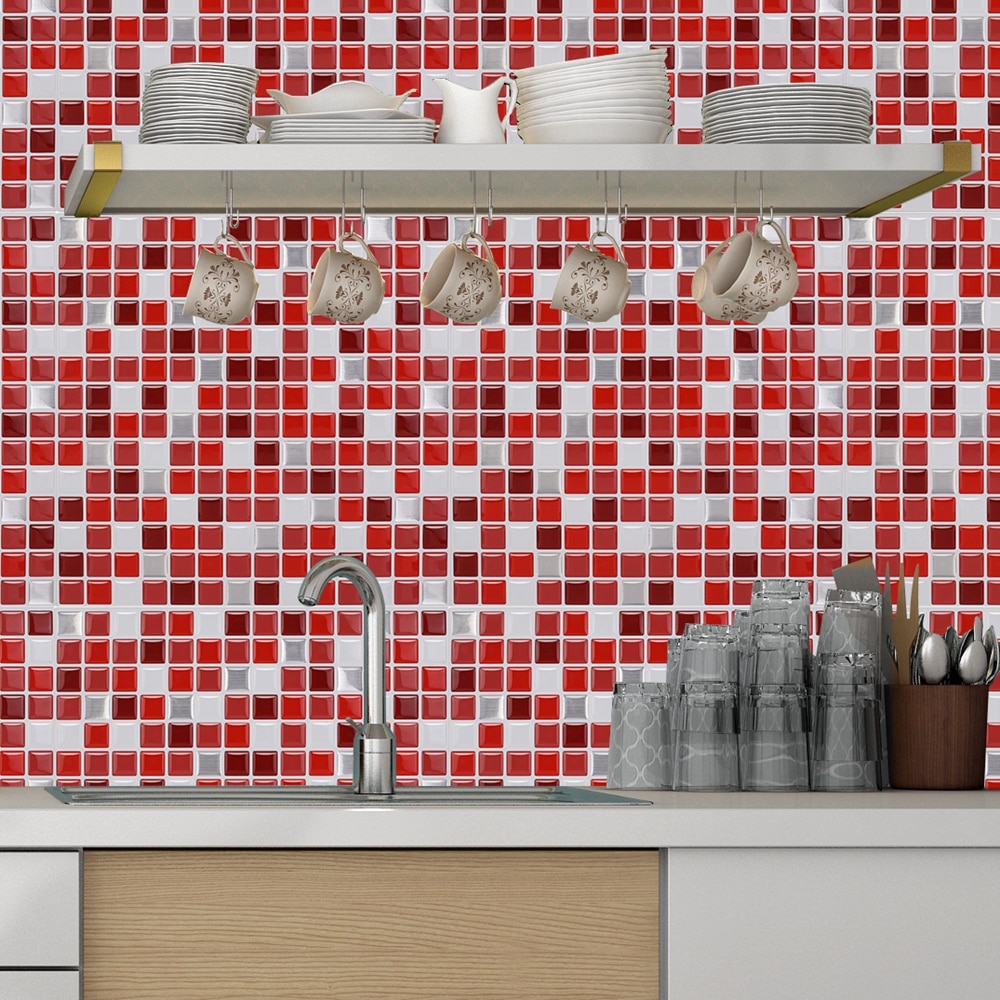 Vividtiles papier peint vinyle imperméable | Effet 3D écorce et bâton, carrelage mural mosaïque rouge coloré-1 feuille