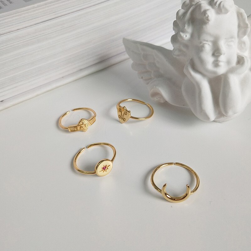 GHIDBK 925 sterlina Argento Anelli Dichiarazione di impostato Oro Starburst Del bambino luna Impilabile Anello per Le Donne Minimalista pila Anello tutto'ingrosso