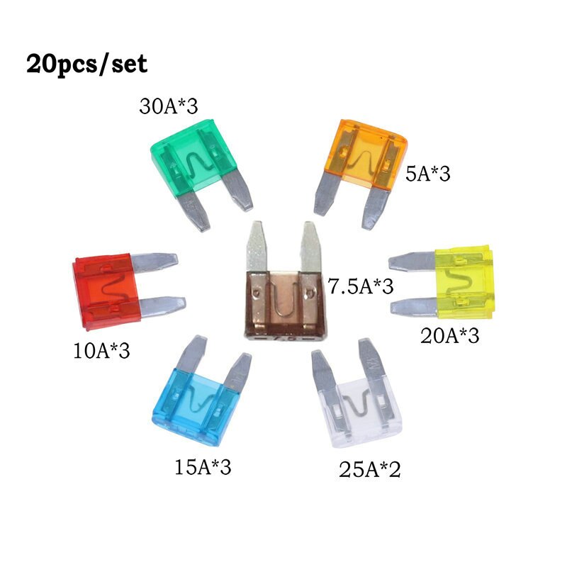 20 stk/sett mini bladsikringer bil sikringer sortimentsett sett 5/7.5/10/15/20/25/30a sikringer minisikringer
