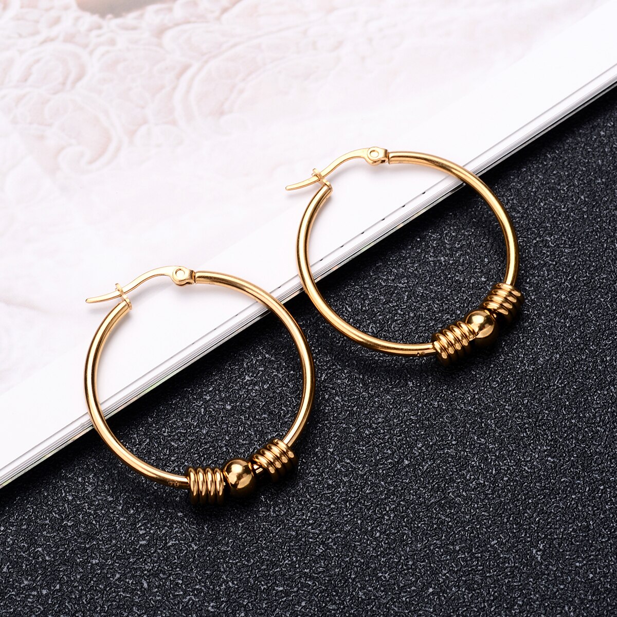 316l Stainless Steel Earrings Hoops With Ball Earing Double Layer Different Circle Round Gold Big Large Thick Hoop Earring: 2 gold big
