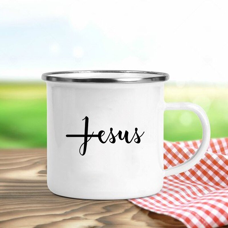 Jésus est dieu imprimer tasses en émail chrétien tasses à café boisson Dessert petit déjeuner lait tasse Vintage tasse poignée Drinkware: MULTI