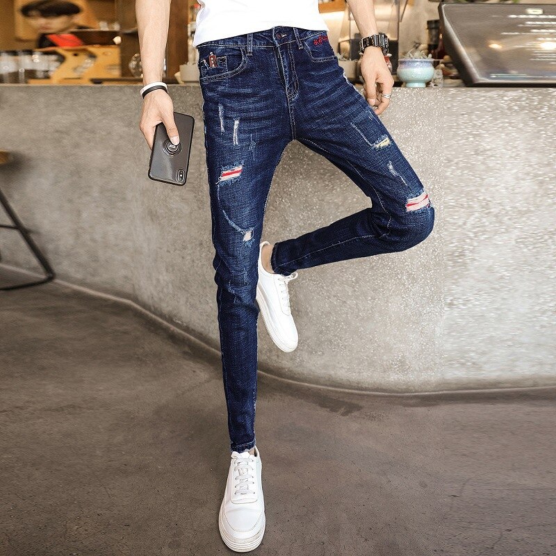 Pantalones vaqueros rasgados elásticos para adolescentes, jeans de informales para hombre, pantalones de pitillo ajustados coreanos para estudiantes,
