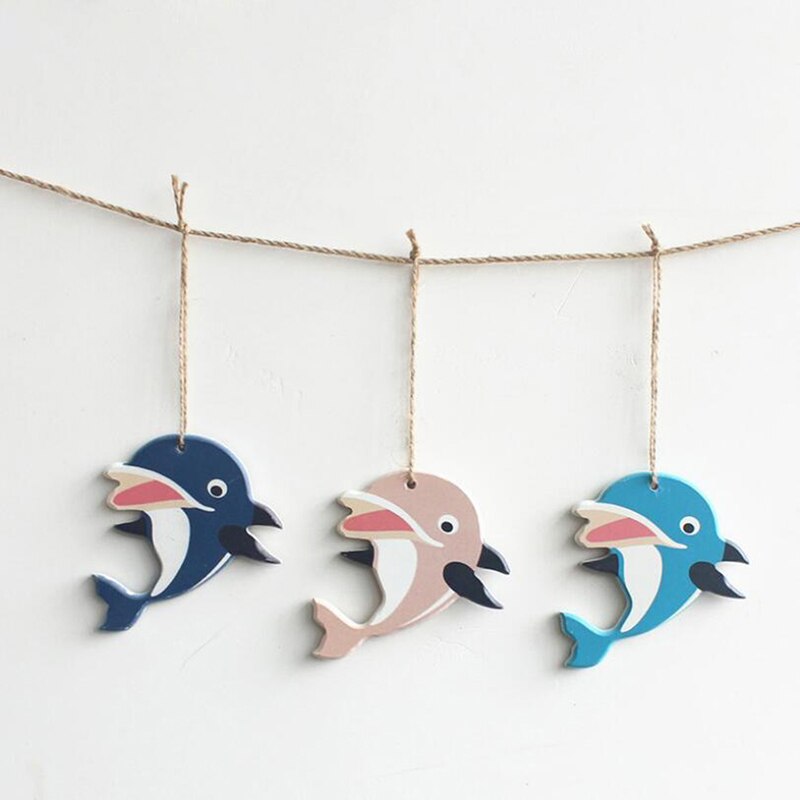 Vacker trä delfin dekoration sjöstjärna hängande snöre fisk dekoration medelhavsstil hänge display vägg rum