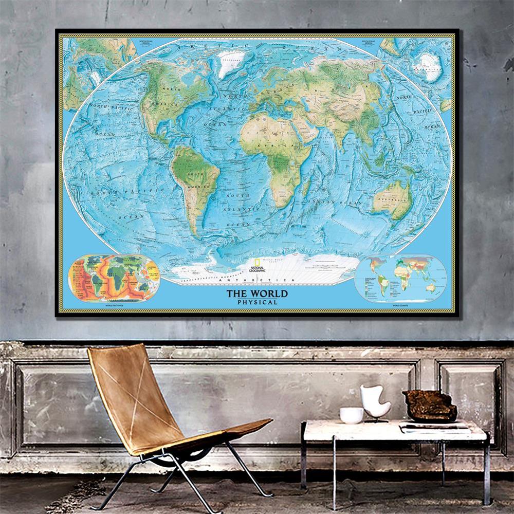 Mapa físico del mundo con tectónica mundial y clima, 150x225cm, para investigación al aire libre