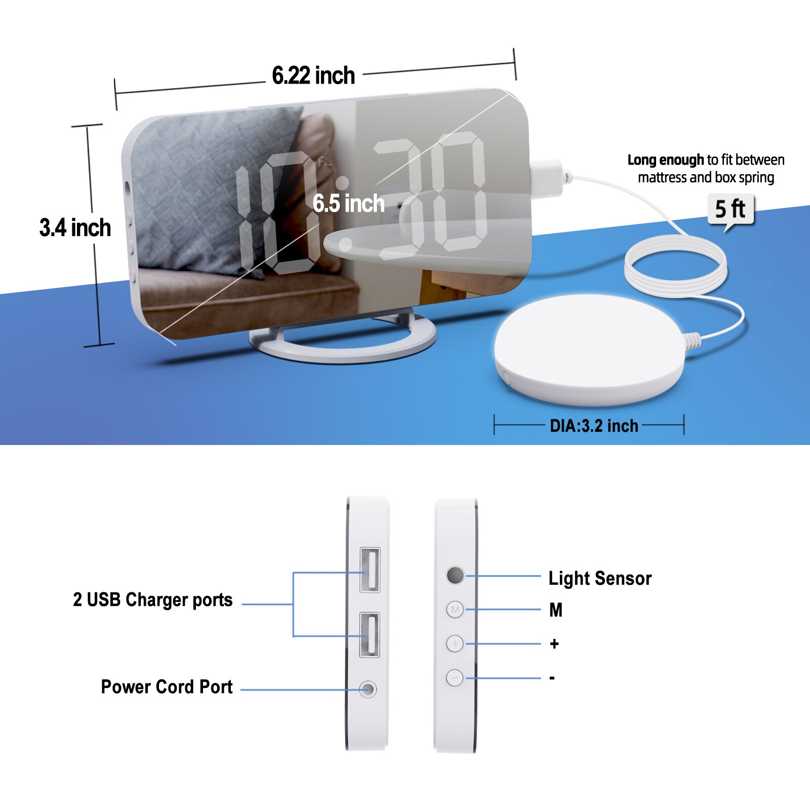 Led Vibration Alarm Clock Multifunctional Dual USB Charging Mute Bedside Luminous Automatically Adjust Brightness