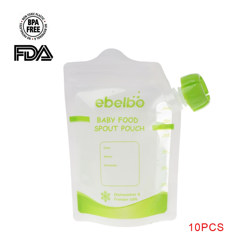 10 sacos de armazenamento de alimentos para bebê dos pces com 10 tampas e 2 colheres crianças puree suplemento alimentar zíperes dobro reciclável bebida que alimenta o malote