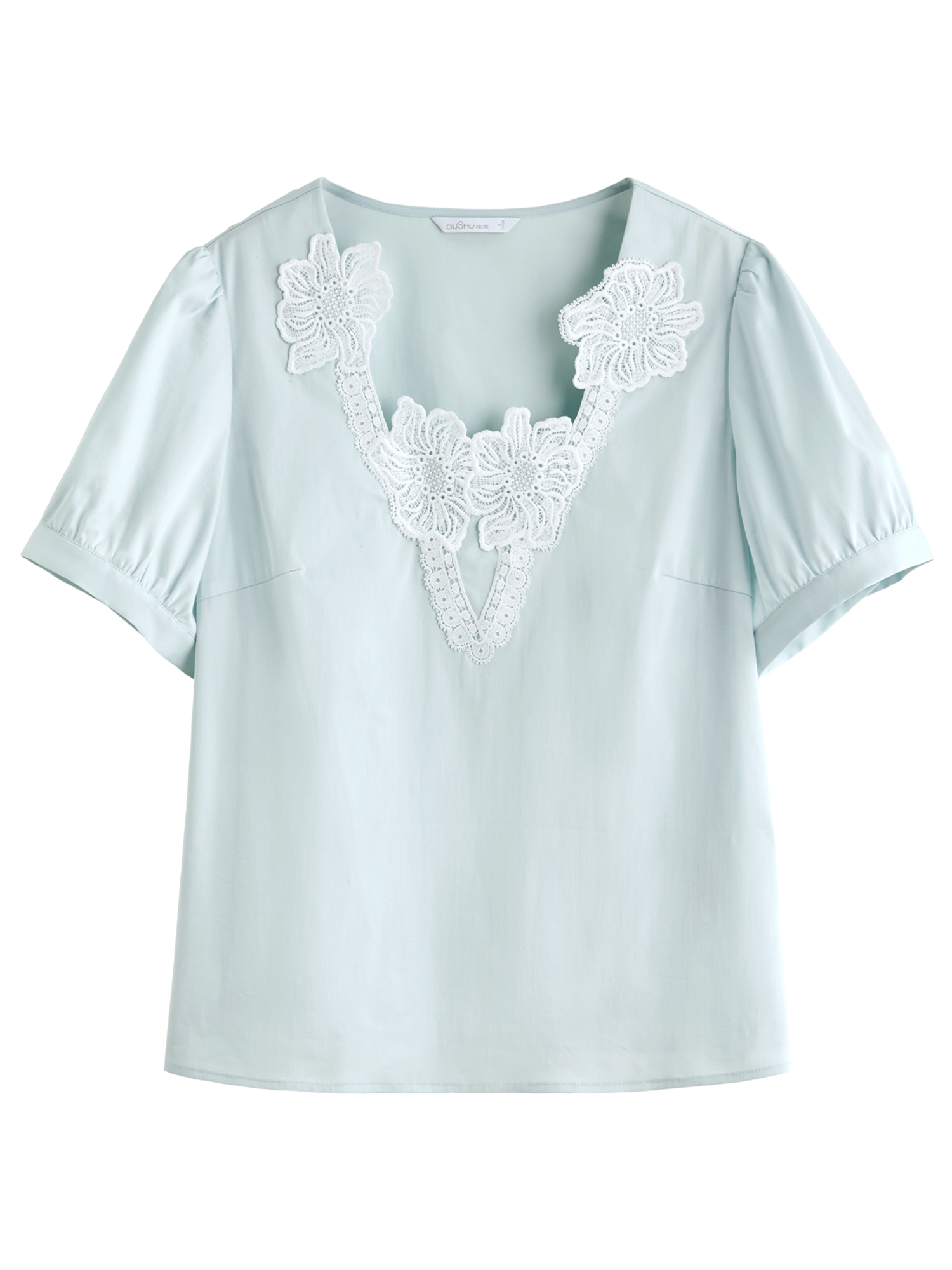 Dushu plus size damebluse med udsøgt blonde, kortærmet sommerbluse med broderi og blonde, v-hals, slank top 25 ds 82315: L