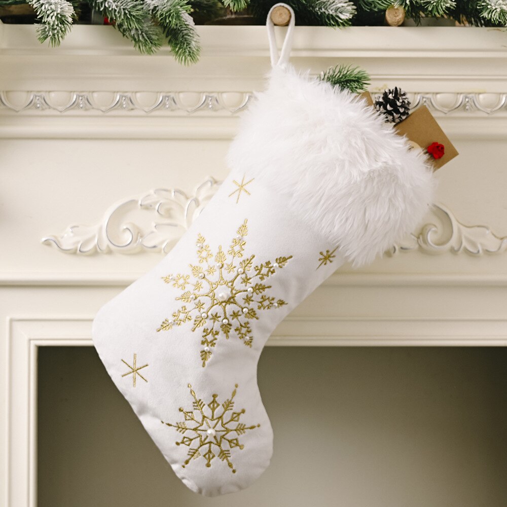 Hvid stempling guldsnefnug trykt xmas strømper ornamenter jul vedhæng juletræ dekoration god jul: Stempling guld