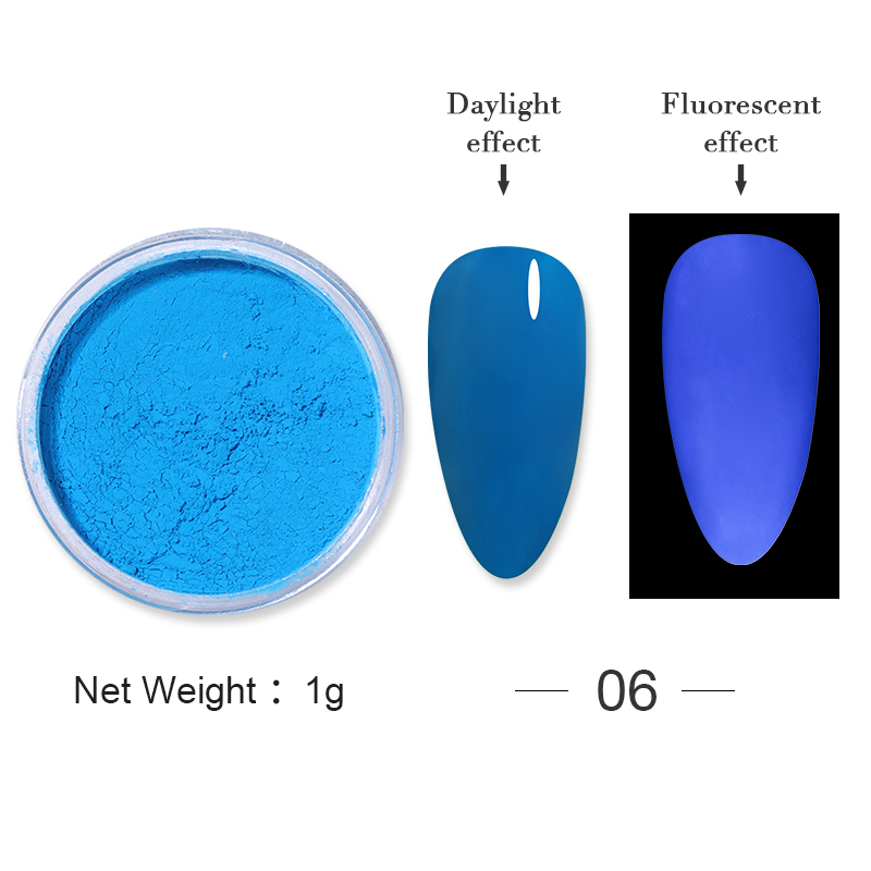1 låda fluorescerande nagelpulver neonfosfor färgglad nagelkonst glitterpigment som håller längst 3d glödande självlysande dammdekorationer: 06