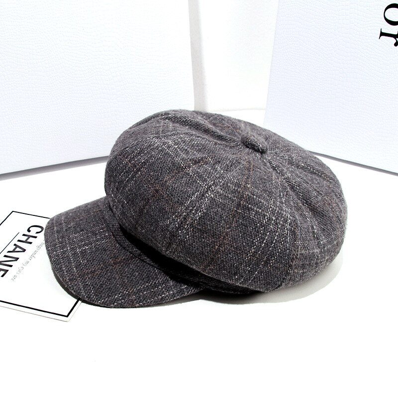Vrouwen Hoeden Krantenverkoper Retro Stijl Winter Hoeden Voor Vrouwelijke Katoen Plaid Outdoor Achthoekige Hoed Mode: Grijs