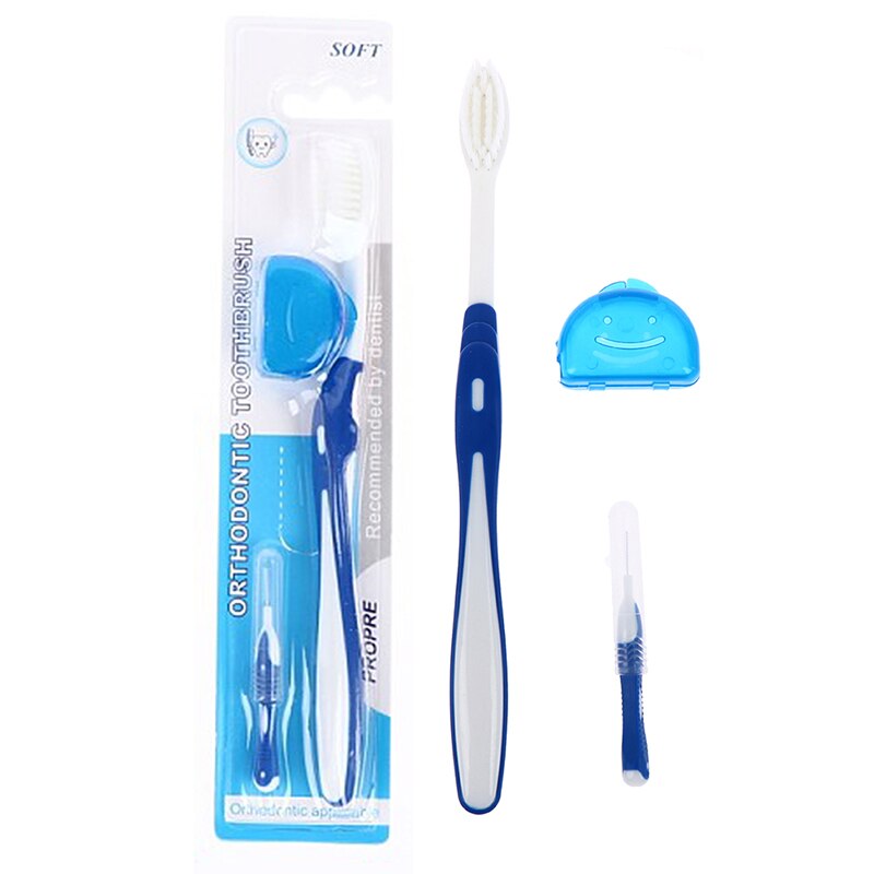 Cepillo de dientes en forma de V para adultos, con funda, Juego de cepillos interdentales, Kit de cepillo de dientes de hilo Dental, limpieza bucal: Azul