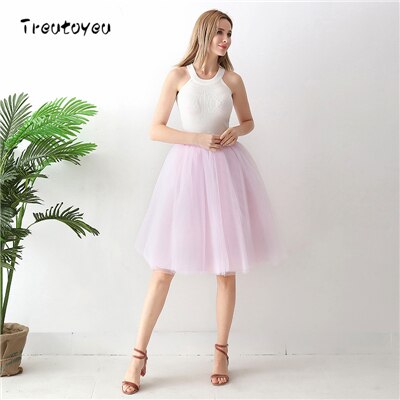 5 lag 65cm sort plisseret nederdel sexet midi tyl nederdel høj talje fuld foring voksen tutu koreansk stil kvinder jupe femme faldas: Baby lyserød