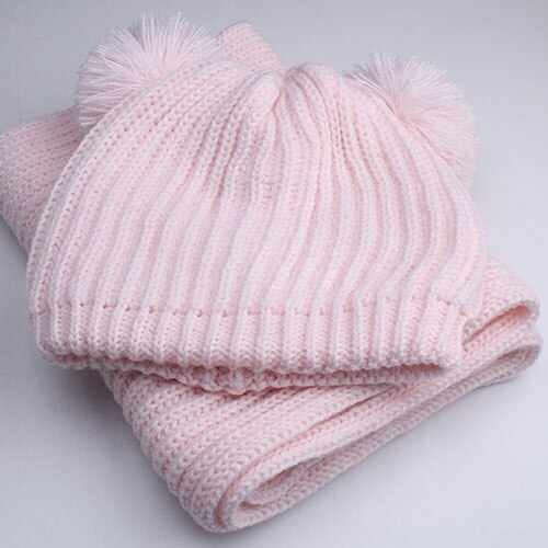 Furtalk lasten talvihattu ja huivisetti lapsille lämmin talvi kaksinkertainen pom pom hattu poikavauva tytöt fleece neulottu pipo hattu ja huivi: Vaaleanpunainen