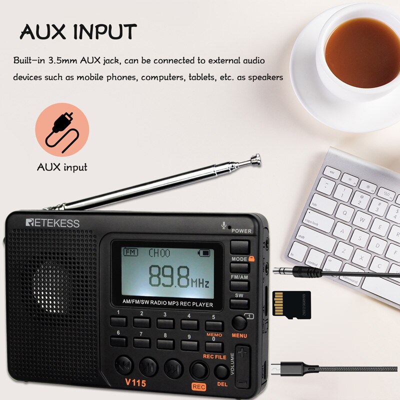 Retekess V115 FM/AM/SW Radio receptor de sonido de Bajo MP3 jugador REC grabadora de Radio portátil con temporizador de sueño tarjeta TF portátil de bolsillo