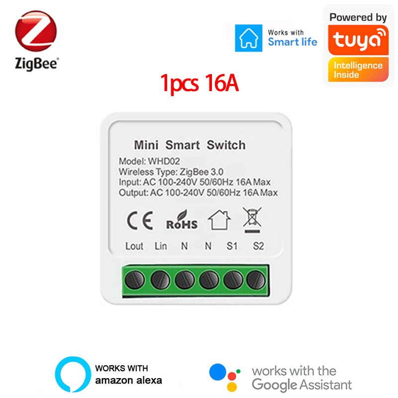 Tuya Zigbee 16A Mini Smart Wifi Switch 2 Way Control, Smart Home Automation Module, Work with Alexa Google Home SmartLife App: 16A 1pcs