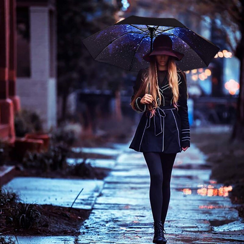 Galaxy Star Sky Women Folding Umbrella Small Five Folding Black Mini Pocket Parasol Wind Resistant Portable Sun Rainy Umbrellas