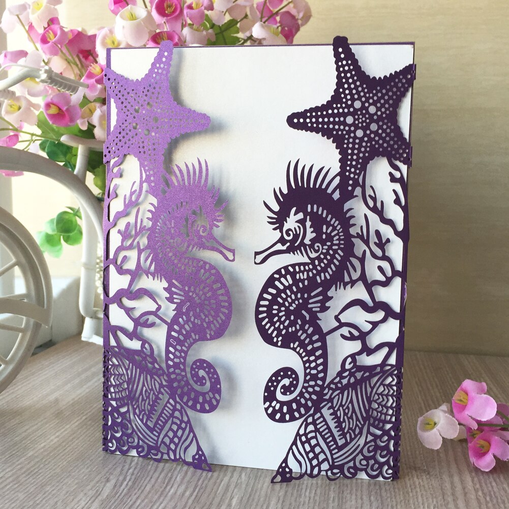 1Pcs Glossy Paper Beach Theme Wedding Party Invitations Cards Seahorse Wedding Cards Bridal Shower Invitation Wedding Supplies