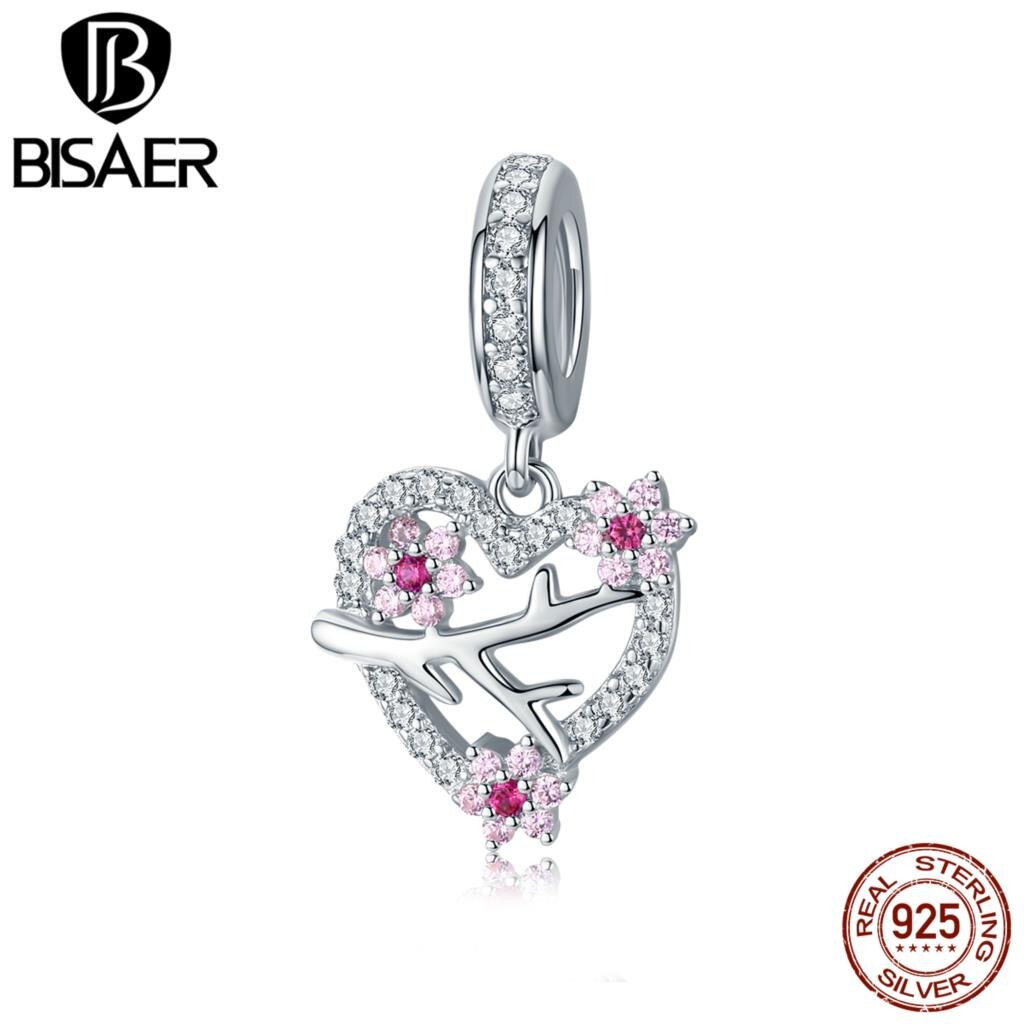 BISAER 925 Sterling Silver Blooming Plum Pendant Pink Cubic Zircon Primrose Charms Beads fit Bracelets DIY Accessories EFC151