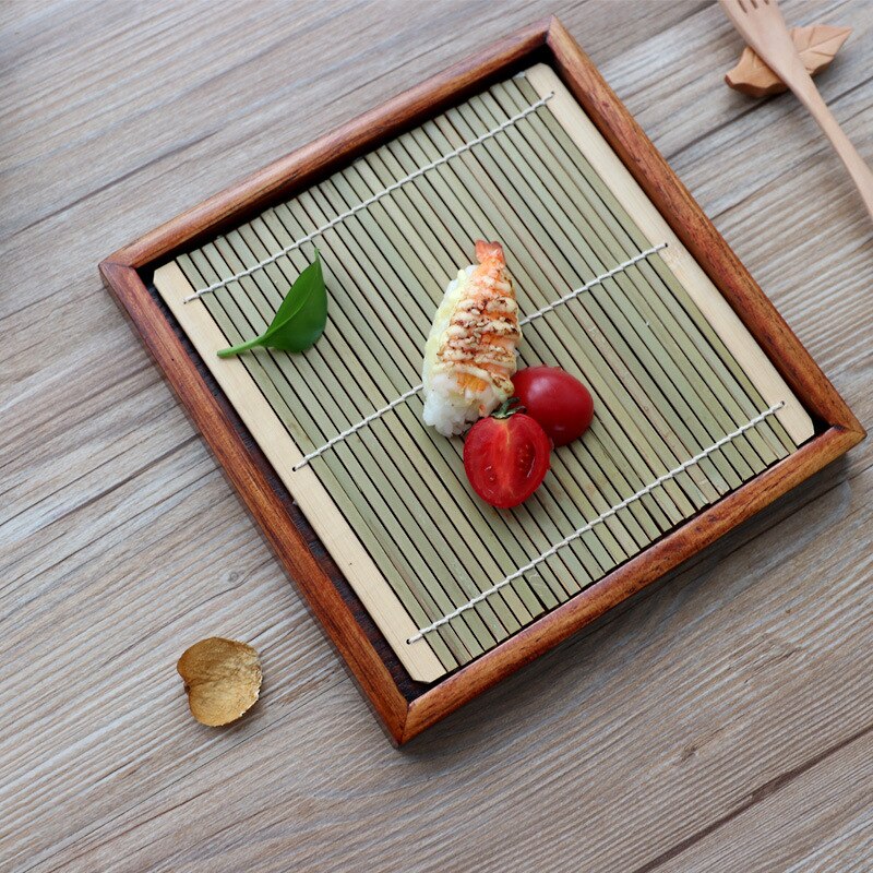 round/square Japanese sushi wooden plate with bamboo mat restaurant food tray tea tray