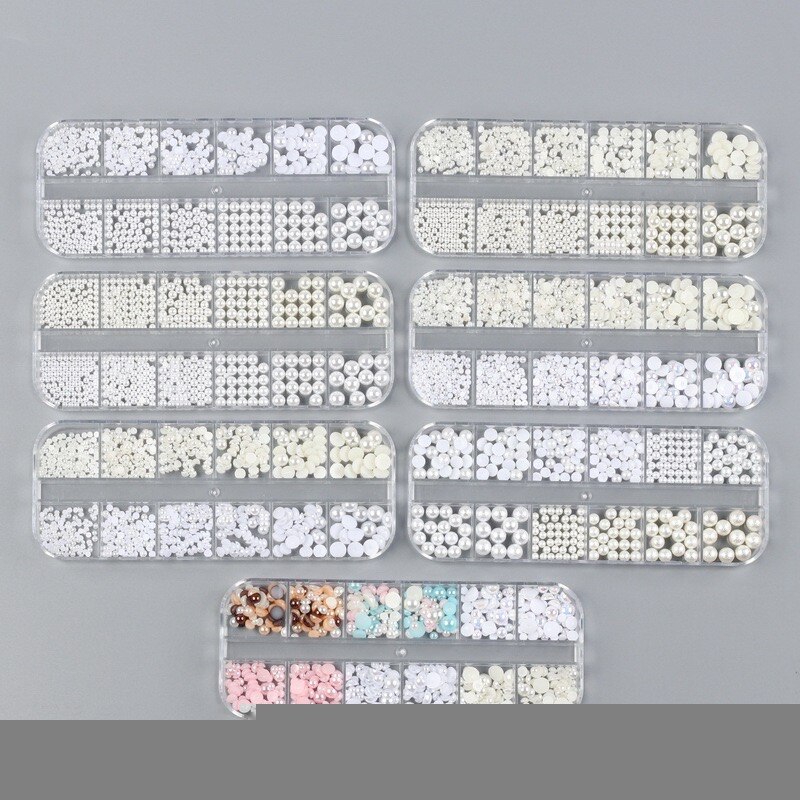 12 Grid AB Wit Nail Pearl Nail Art Decorations Gemengde Size Pearl Steentjes Kralen Plaksteen Nail Tips voor Manicure Nailart