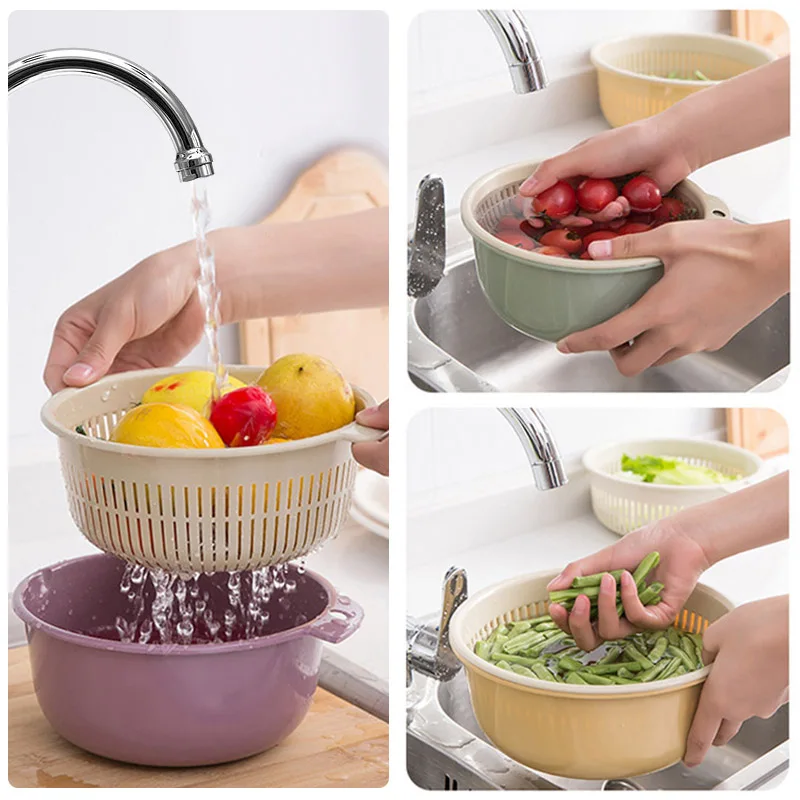 Double Drain Basket Bowl Washing Storage Basket Strainers Bowls Drainer Vegetable Cleaning Colander Kitchen Gadgets Tools