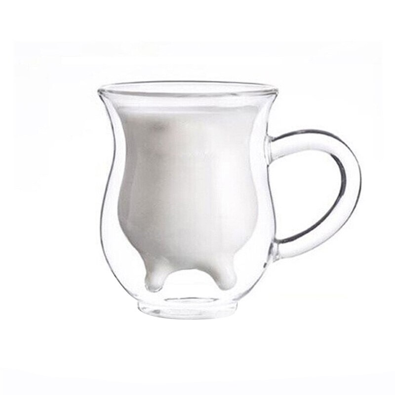 Child Baby's Milk Cup Milk Coffee COW Udder Shape Double Walled Clear Glass Milk Coffee Tea Mug Cup Handle Cute Cup