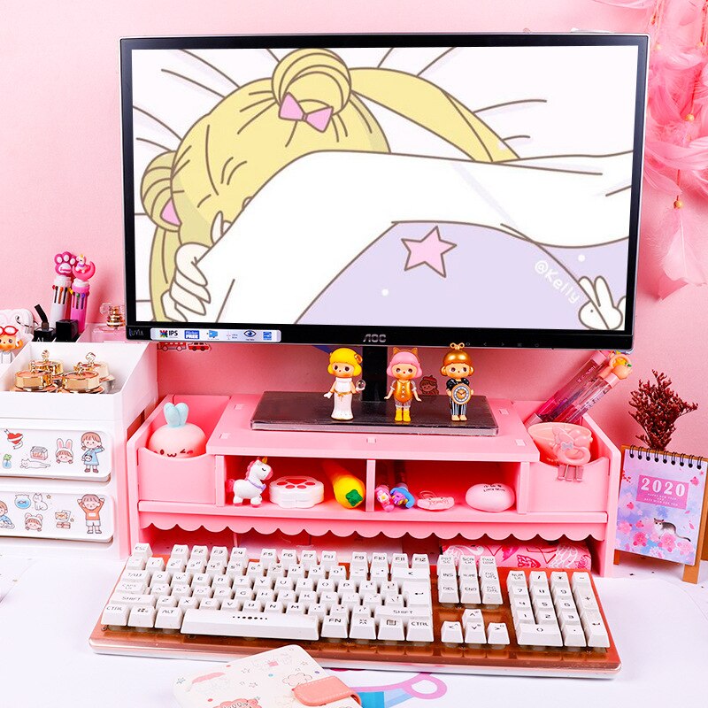 50*20cm Cute Pink Monitor Stand Desktop Storage Wood Bracket Notebook Desktop Computer Monitor Increase Rack Office Supplies