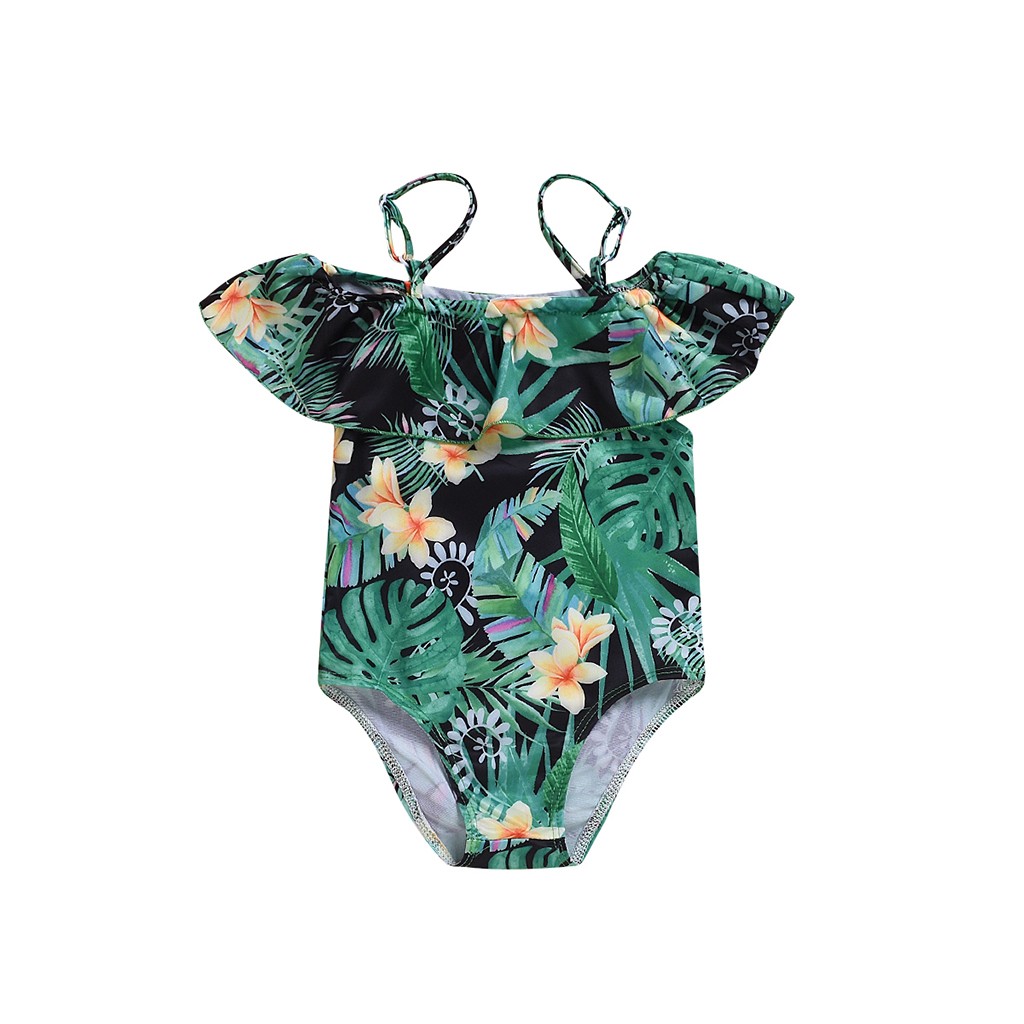 Sommar barn baby badkläder volang hängsel blomma tryckt bikini baddräkt för små barn pojkar flickor söt baddräkt: Svart / 3t