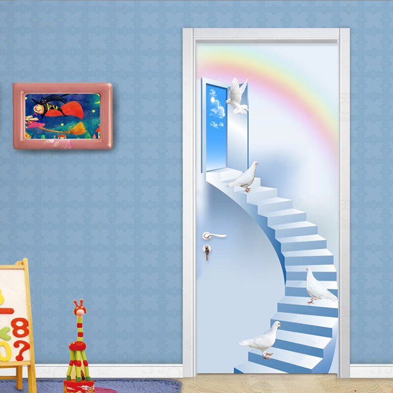 Home Decor Door Sticker 3D Stairs Pigeon Rainbow Mural Wallpaper Living Room Kid&#39;s Bedroom Door Poster Self-Adhesive Waterproof