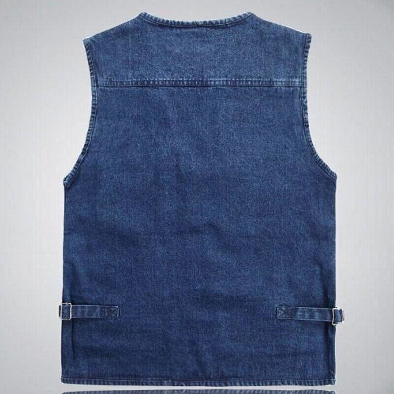 Stor størrelse fiskeveste v-hals multi denim arbejdsvest herre solid afslappet vest med mange lommer fiskevest ærmeløs jakke